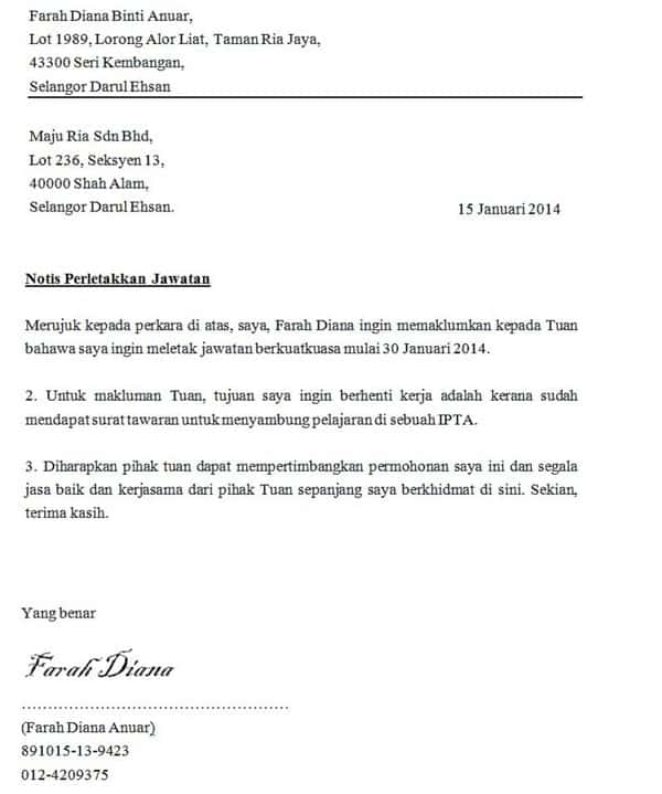 Surat Berhenti Kerja In English Untuk Sambung Belajar